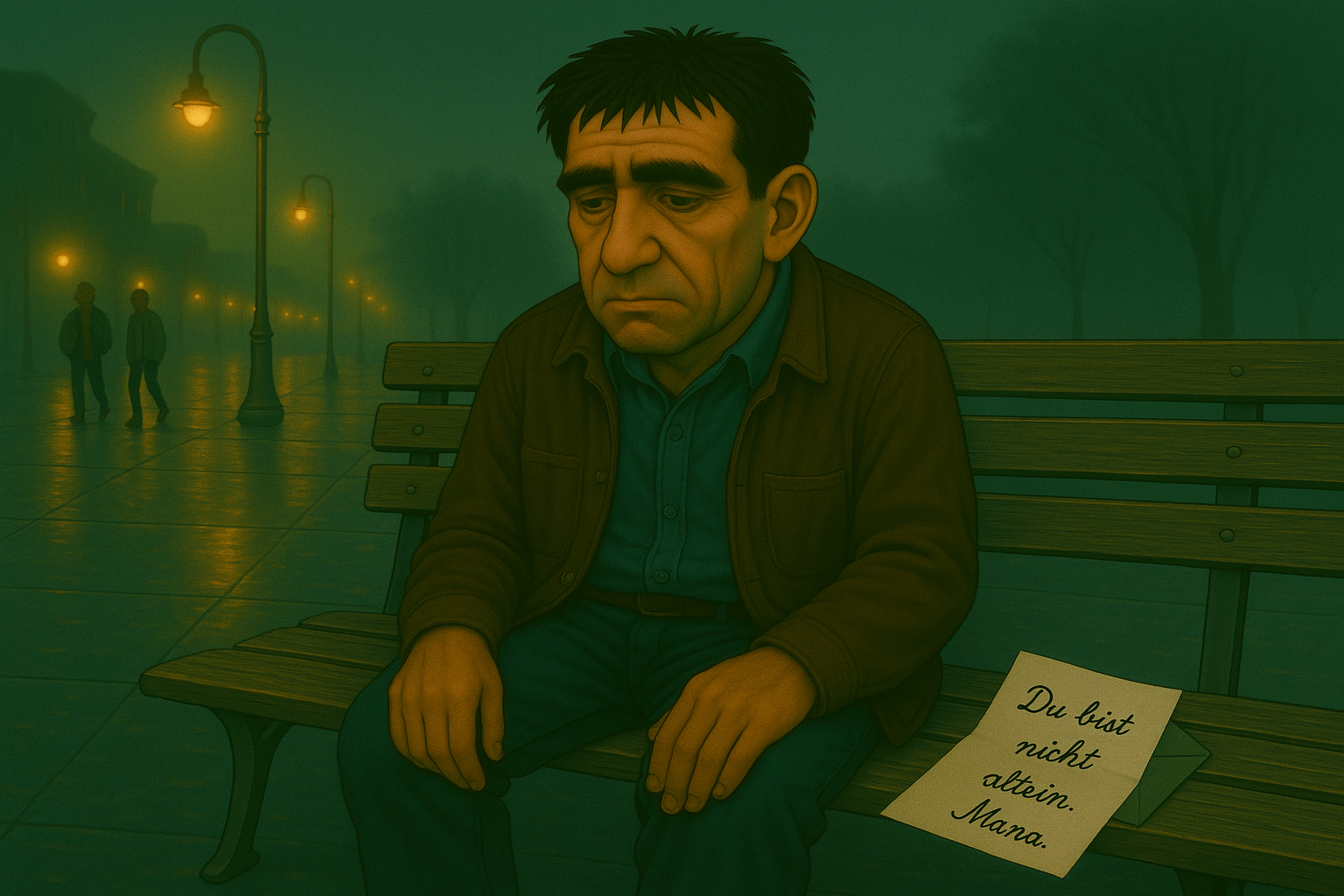 Wilbert sitzt auf einer Bank mit einem Briefumschlag in der Hand