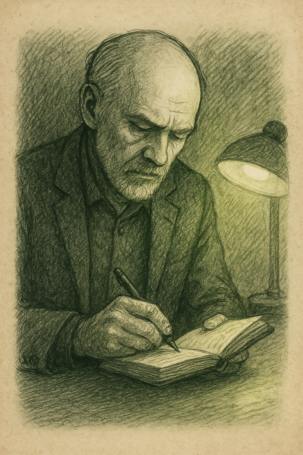 Herr Mondwald schreibt konzentriert in sein Notizbuch