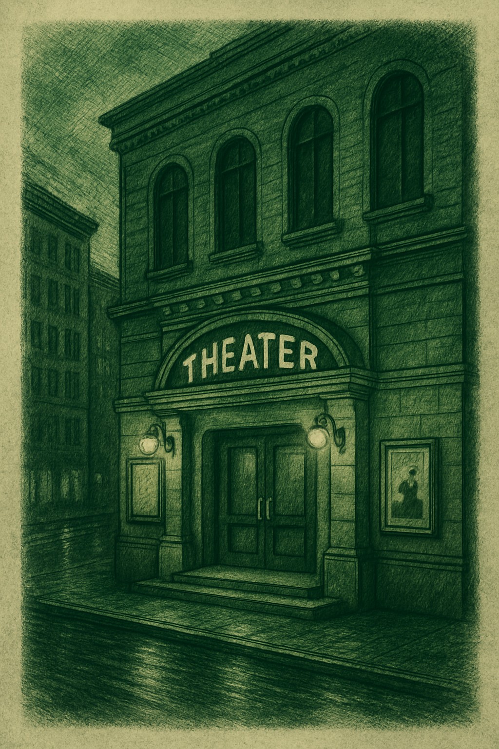 Die Fassade eines alten Theaters mit beleuchteter Bühne