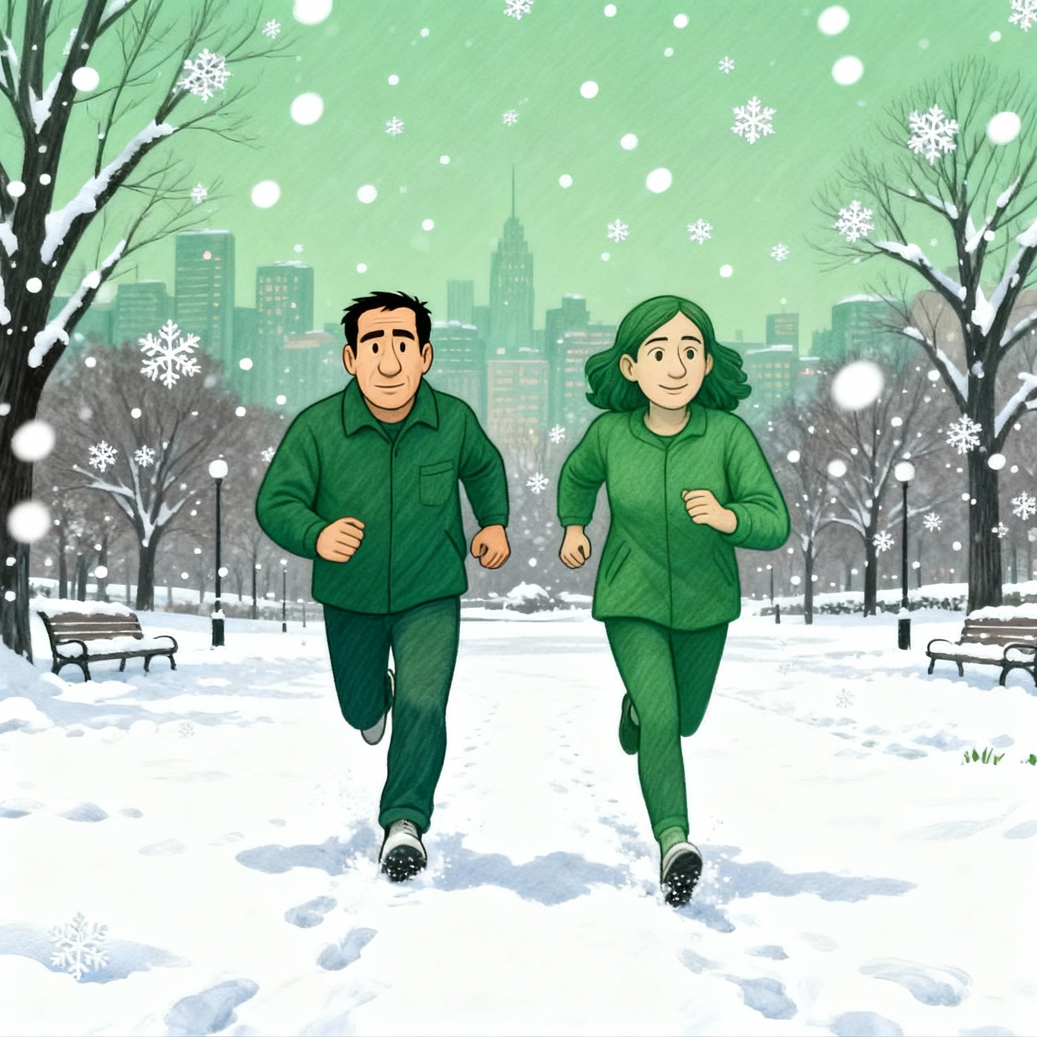 Wilbert und Mana laufen gemeinsam durch den verschneiten Park