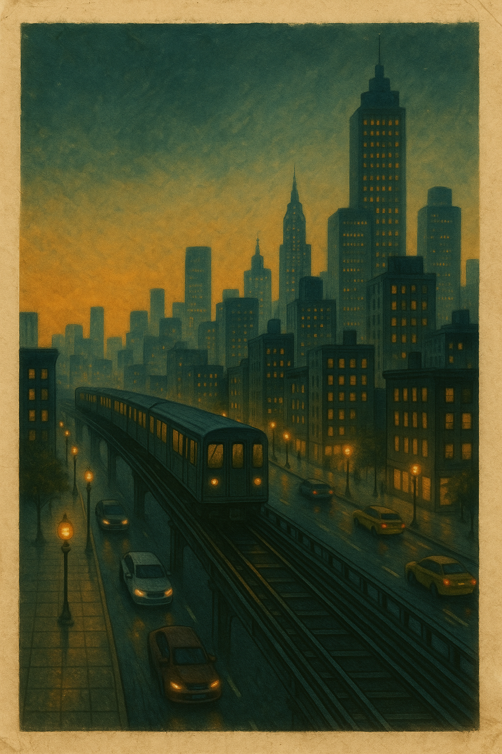 Stadtsilhouette mit Hochbahn und modernen Gebäuden