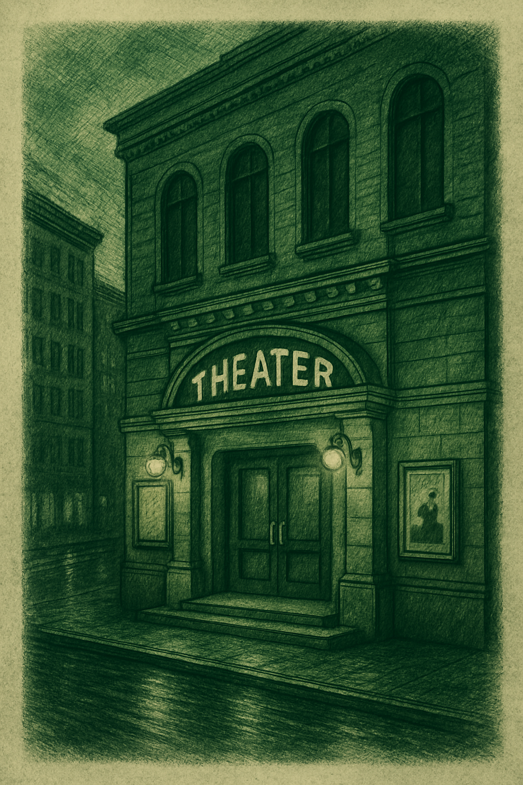 Die Fassade eines alten Theaters mit beleuchteter Bühne