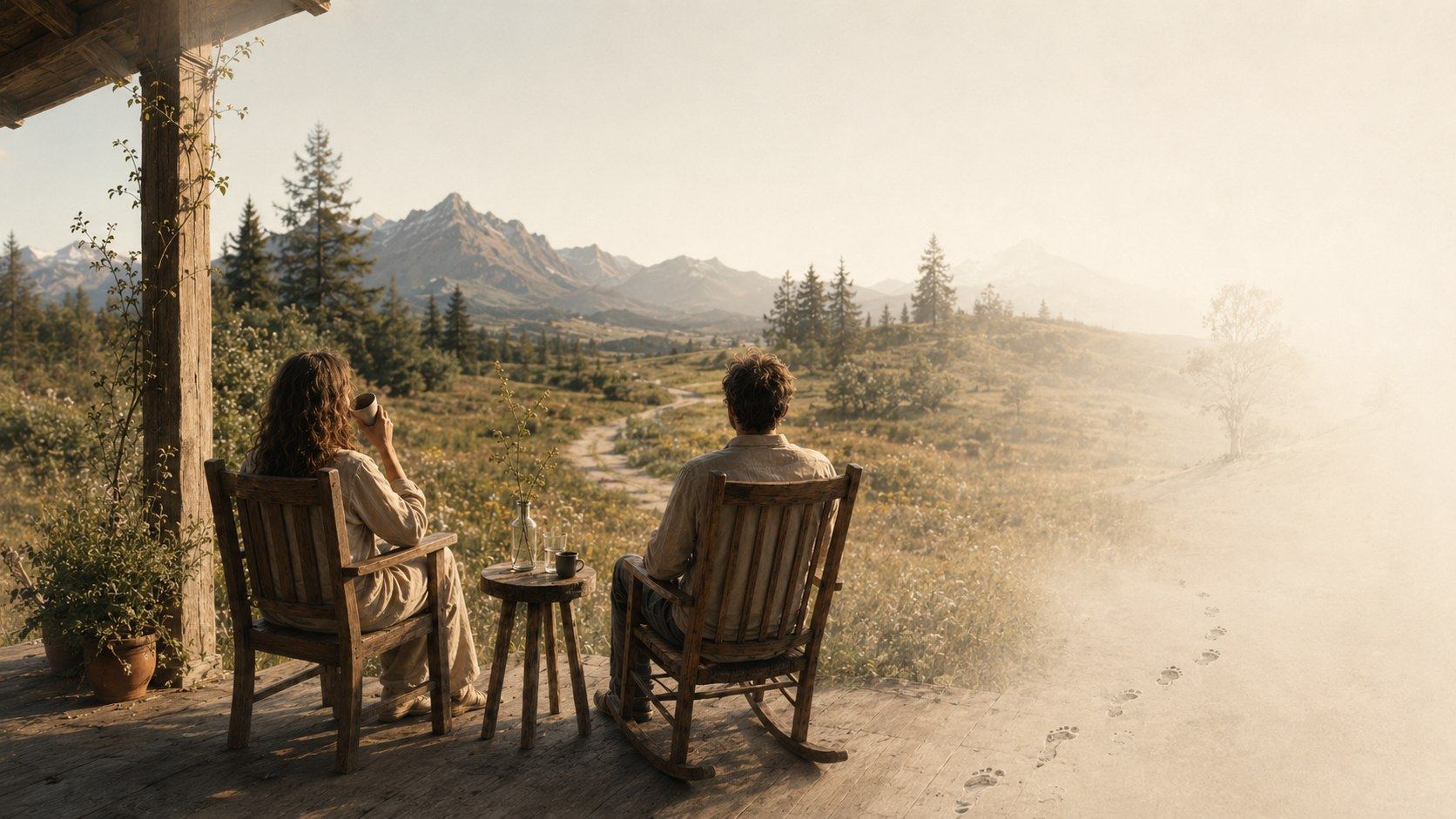 Zwei Personen sitzen im Schaukelstuhl auf der Veranda mit Blick auf Berge und ein Tal.