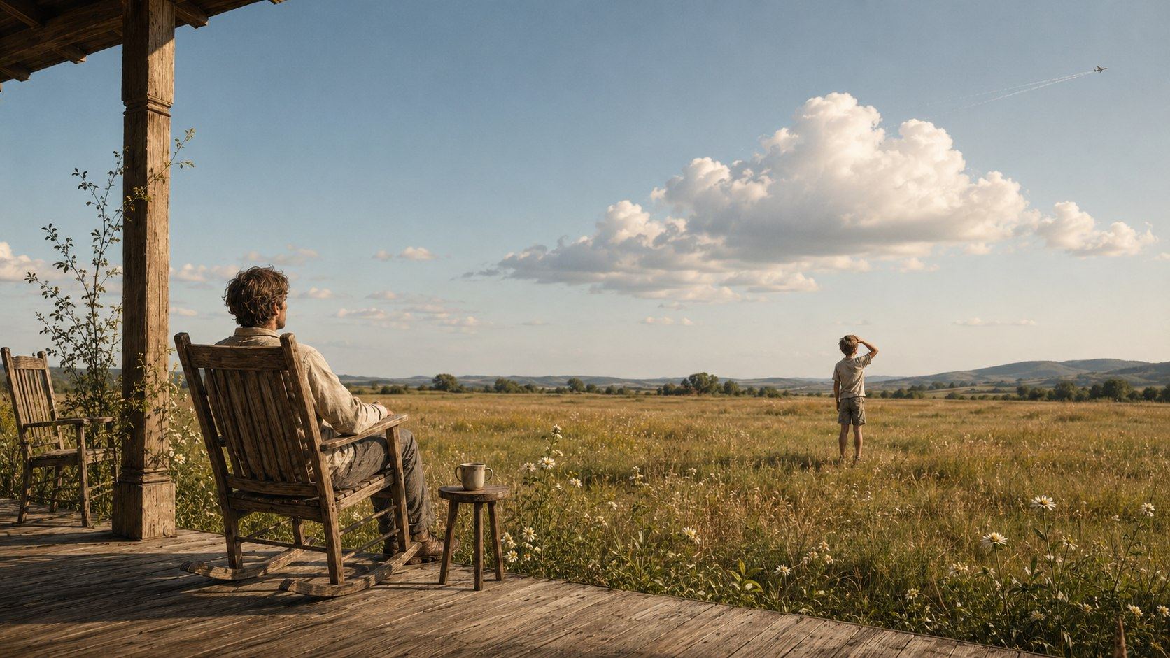 Ein Mann sitzt im Schaukelstuhl auf der Veranda, ein Junge steht im Feld und schaut einem Flugzeug am Himmel hinterher.