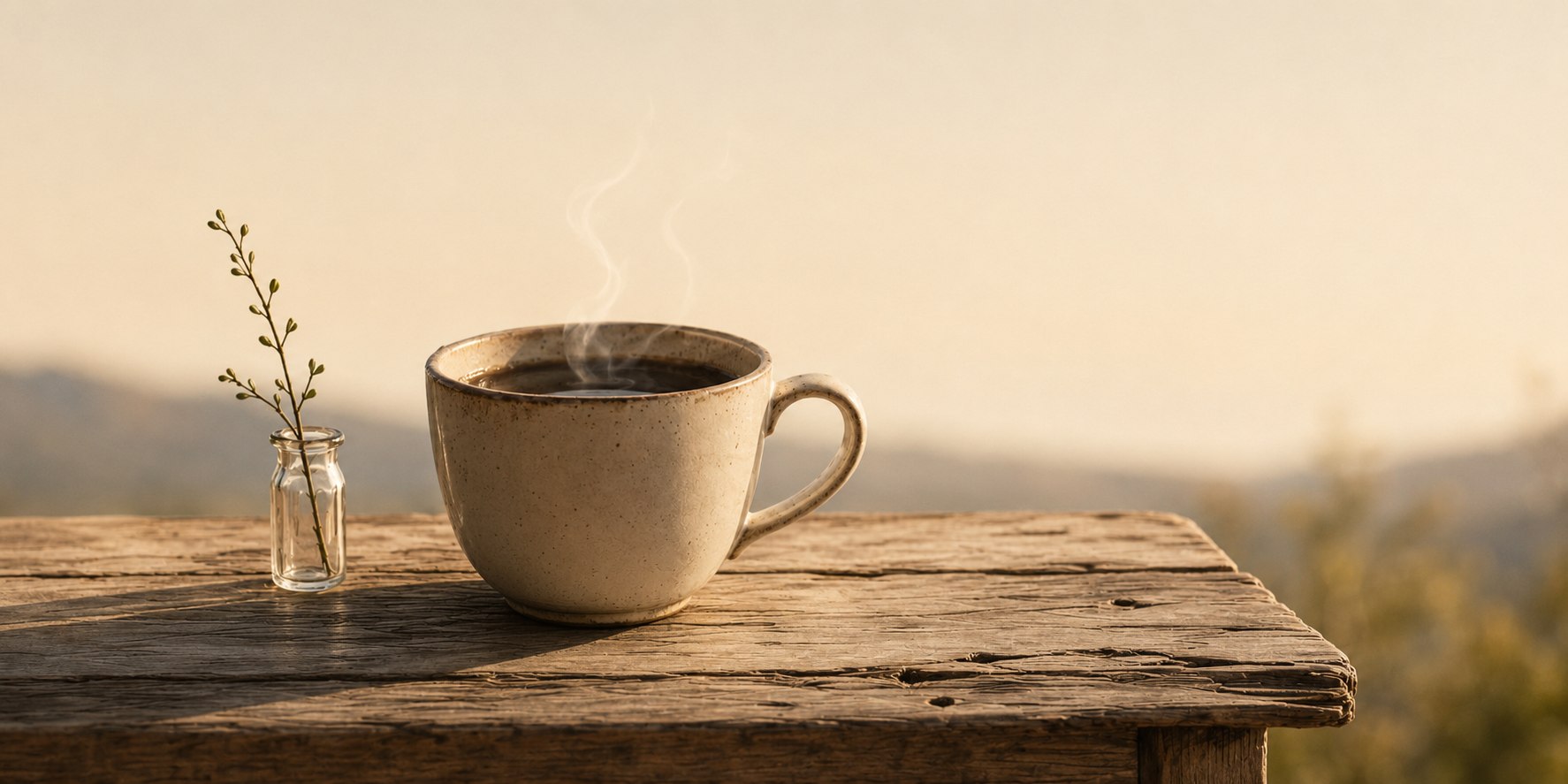 Eine dampfende Kaffeetasse auf einem Verandatisch.